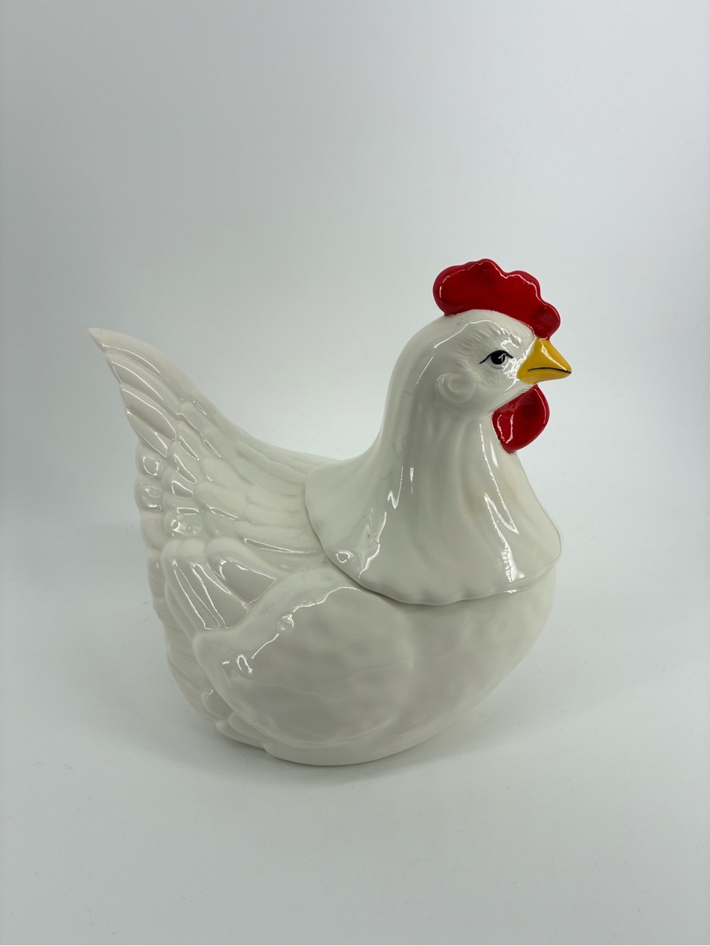 Farmhouse Ceramic White Hen Rooster Cookie Jar/ Serving Dish with Red Comb
